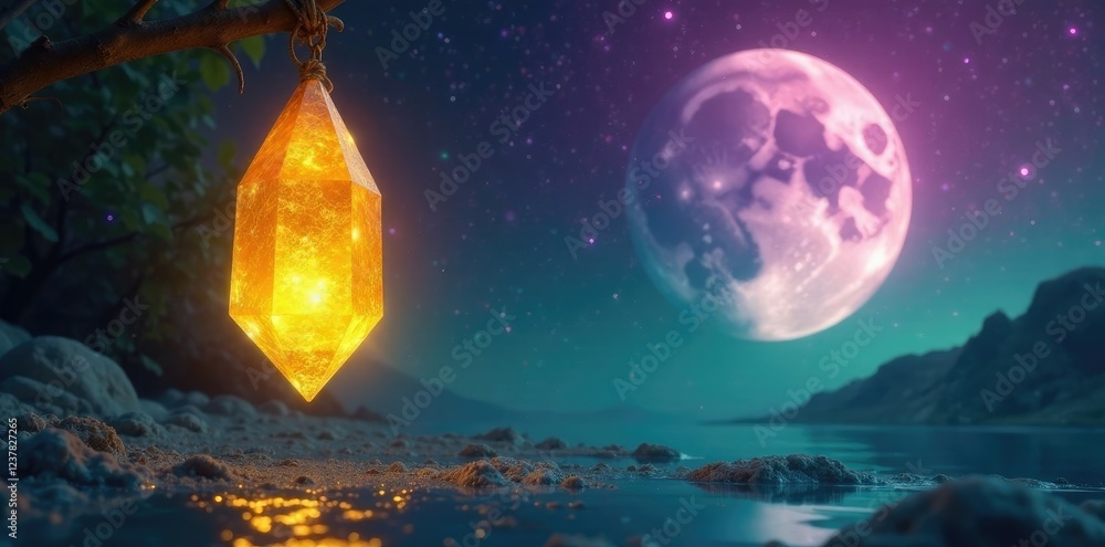 Radiant yellow crystal hangs from twinkling mermaid moon, purple, green Radiant yellow crystal hangs from twinkling mermaid moon, purple, green