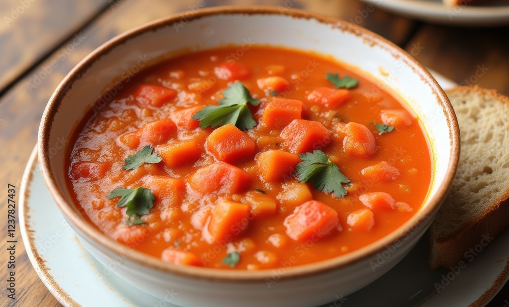 Hearty carrot and tomato soup in bowl Hearty carrot and tomato soup in bowl