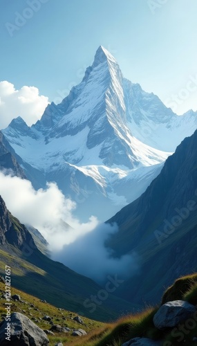 Snowy peaks of Grand Jorasses amidst misty mountain landscape, mist, snow capped peaks, grand jorasses photo