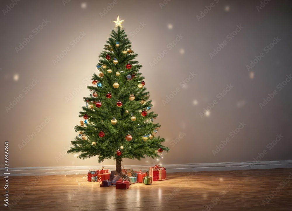 Spruce Christmas tree with a string of lights and ornaments, tinsel, mistletoe, festive Spruce Christmas tree with a string of lights and ornaments, tinsel, mistletoe, festive