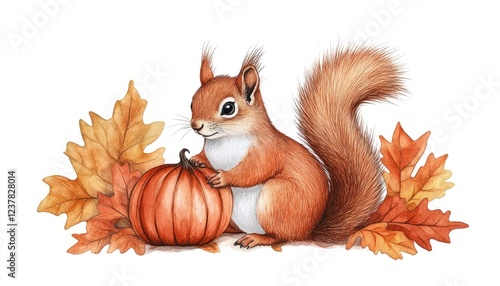 Cute squirrel interacting with a pumpkin amidst colorful autumn leaves, showcasing nature's beauty