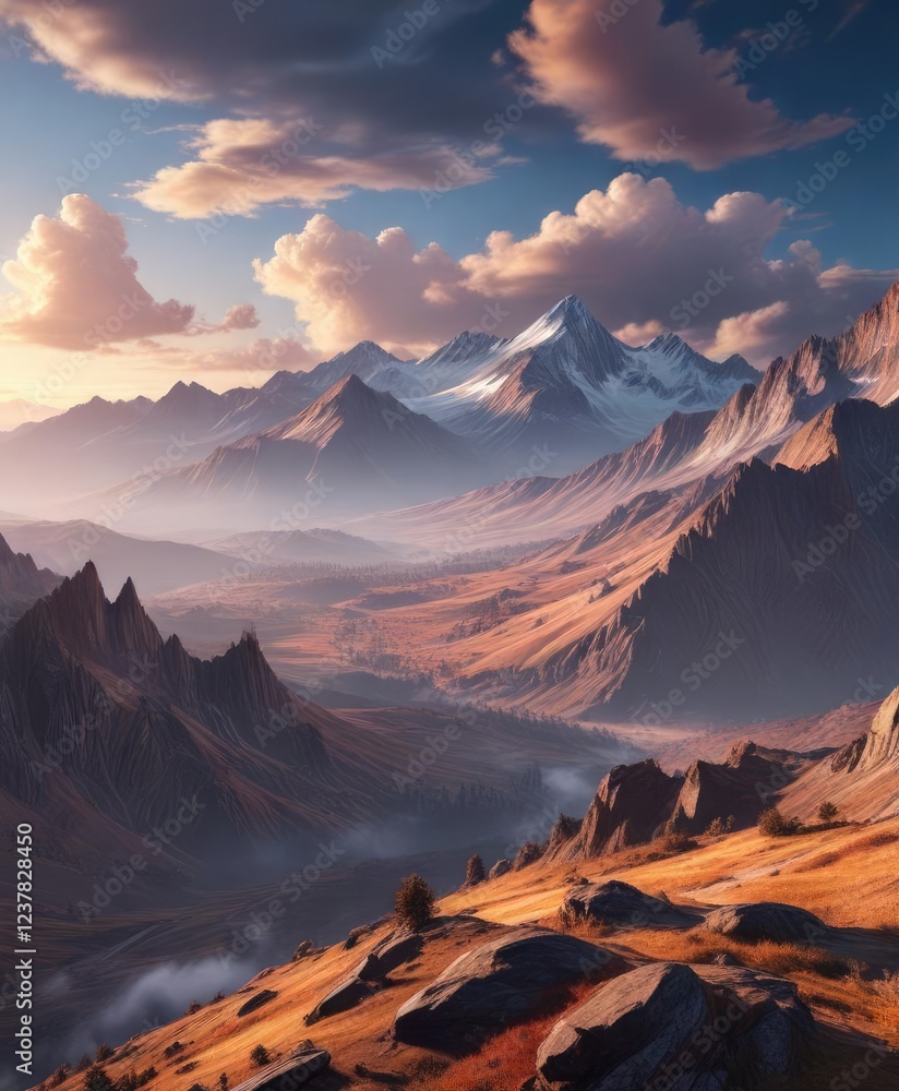 Fototapeta premium stunning mountain range with wispy clouds in the distance, natural scenery, clouds, mountains