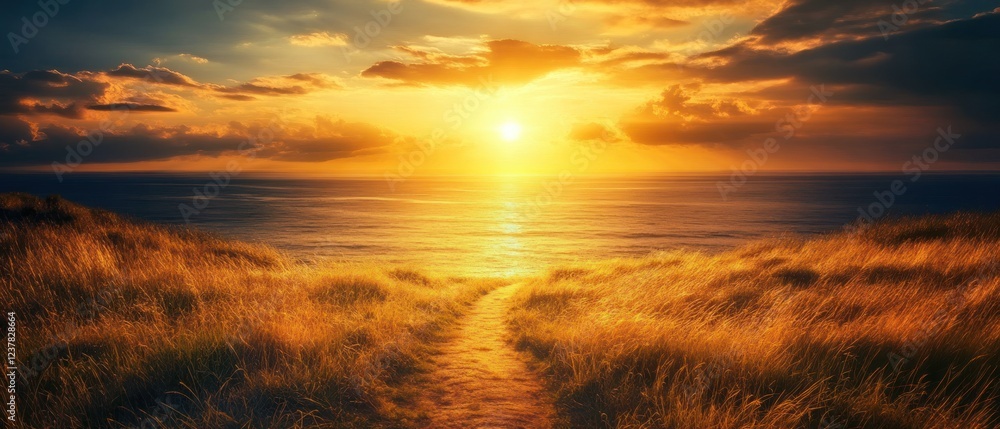 A serene sunset over an ocean, framed by golden grass and a winding path. A serene sunset over an ocean, framed by golden grass and a winding path.