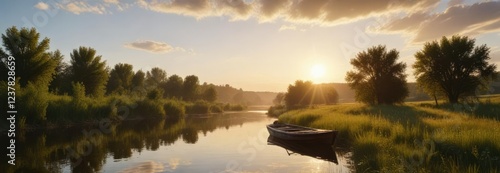 Summer sun casting a warm glow over a boat and river in Ukraine's rural heartland, idyllic, sun photo