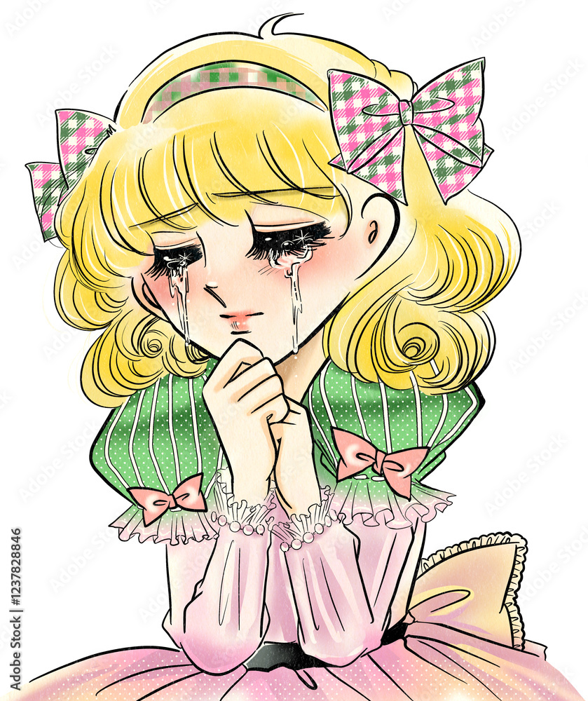 70年代、昔の少女漫画のお姫様風主人公が号泣するポートレートイラスト 70年代、昔の少女漫画のお姫様風主人公が号泣するポートレートイラスト