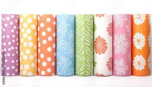 Colorful rolls of patterned wrapping paper displayed in a neat row, showcasing various floral and polka dot designs