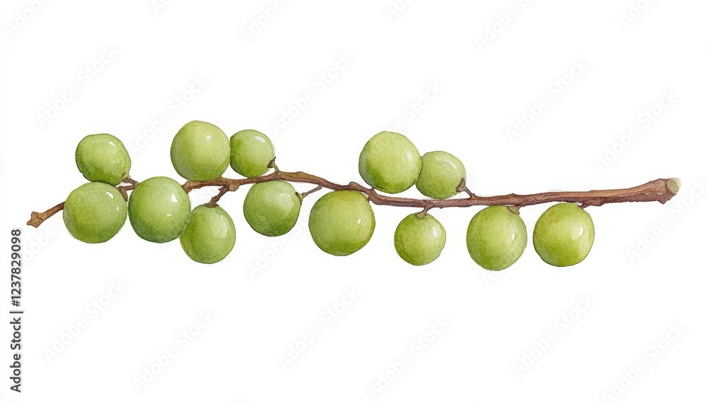 Fresh green grapes on a vine branch, showcasing their vibrant color and natural shine Fresh green grapes on a vine branch, showcasing their vibrant color and natural shine