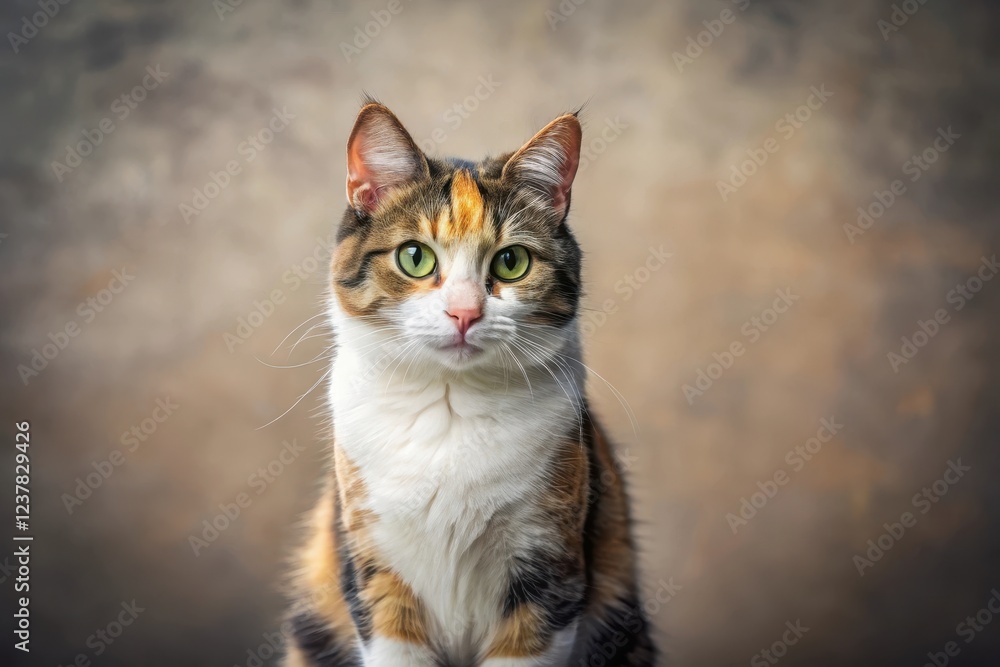 A Calico Cat with Striking Green Eyes Poses for a Portrait Against a Neutral Background A Calico Cat with Striking Green Eyes Poses for a Portrait Against a Neutral Background