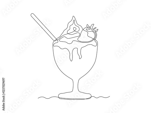 Abstract dessert with cream and strawberry and straw in creamer, ice cream, cocktail. continuous single one line art hand drawing sketch logo