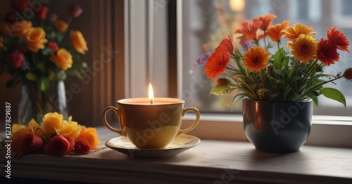 Wallpaper Mural Tea cup filled with steaming hot tea on a windowsill with a lit candle and flowers , calmness, serene, warmth Torontodigital.ca