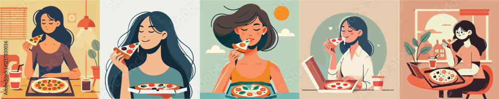 Naklejka premium vector set of women eating pizza