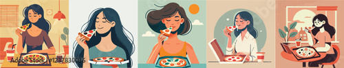 vector set of women eating pizza