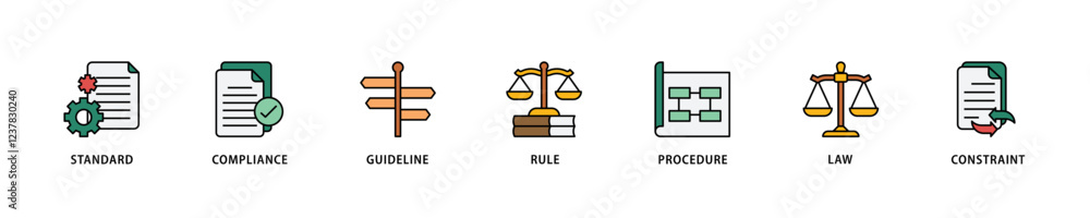 Regulation icon set flow process which consists of standard, compliance, guideline, rule, procedure, law and constraint icon live stroke and easy to edit . Regulation icon set flow process which consists of standard, compliance, guideline, rule, procedure, law and constraint icon live stroke and easy to edit .
