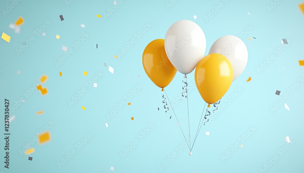 Fototapeta premium Colorful balloons float against a light blue background with confetti falling, creating a festive atmosphere