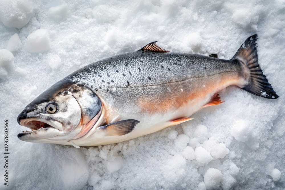 Obraz premium The carcass of a salmon lies on a snowy white surface with visible signs of slime residue, slime, raw fish, white background, salmon