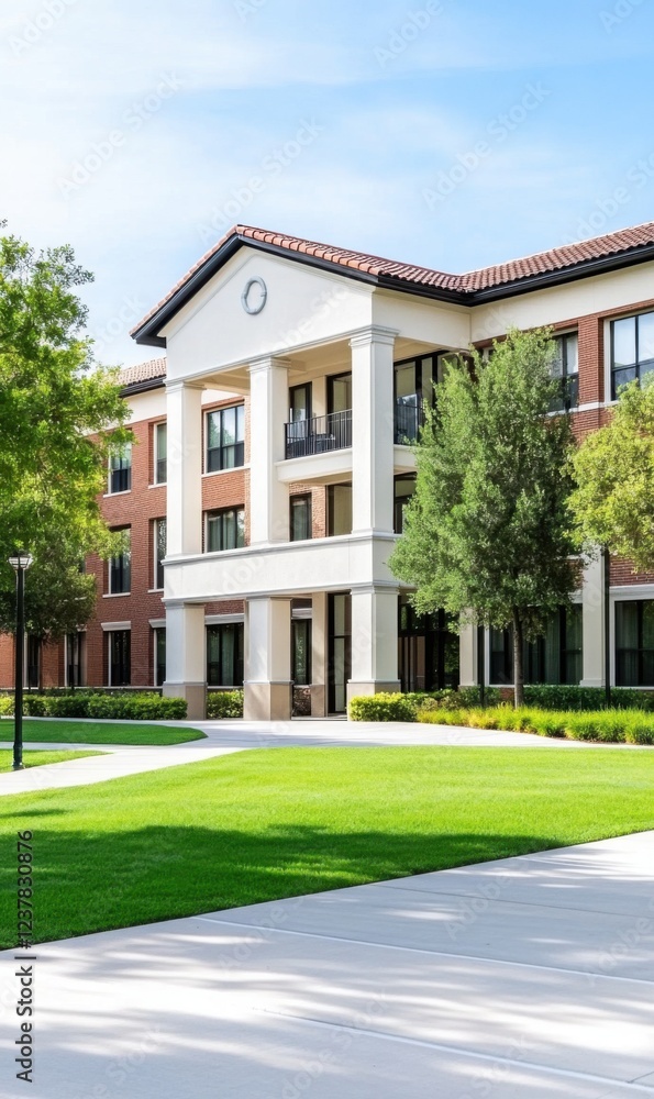 Modern Residential Building with Green Lawn and Clear Blue Sky in Urban Environment on Bright Sunny Day Modern Residential Building with Green Lawn and Clear Blue Sky in Urban Environment on Bright Sunny Day