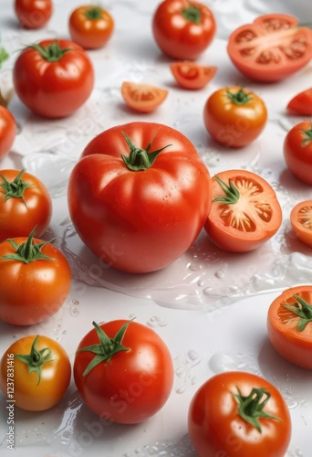 Tomate flotando en un fondo blanco con una capa de aceite, pato, sopa, aceite photo