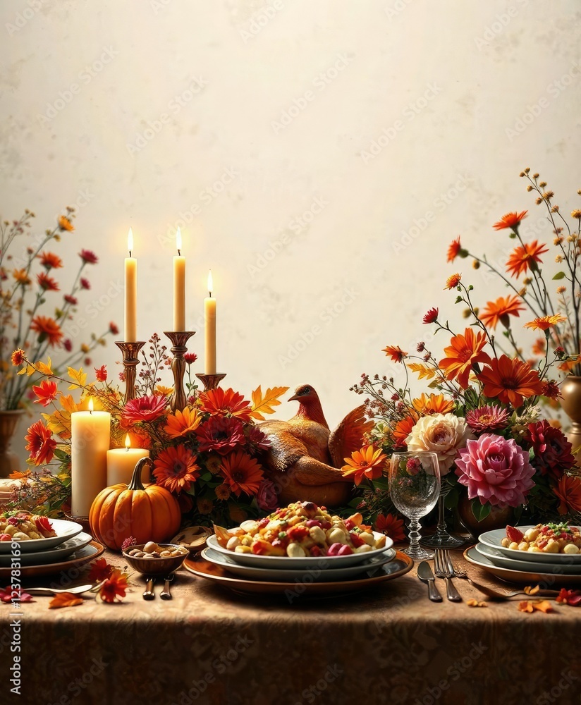 Fototapeta premium Traditional Thanksgiving dinner setup with candles and flowers, warm, holiday, seasonal