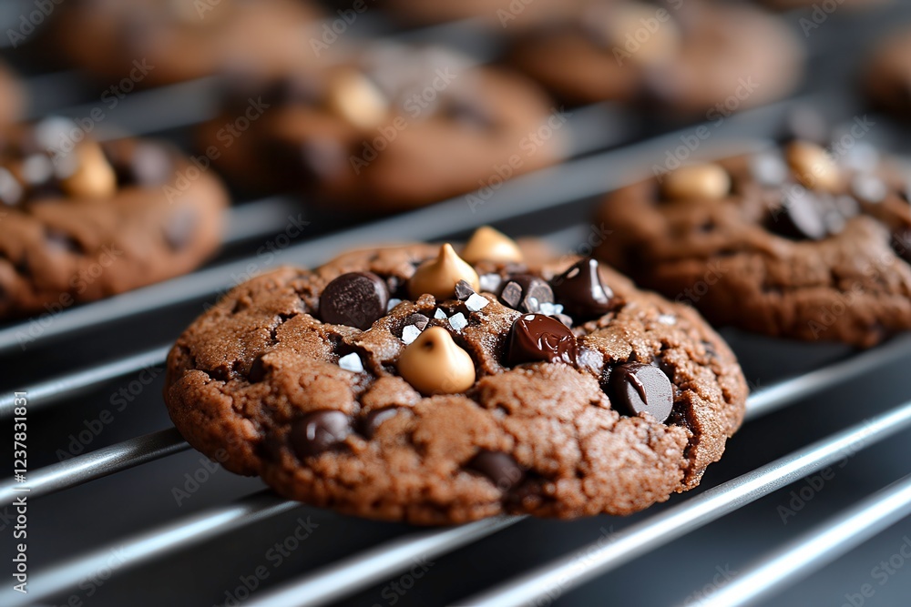 Fototapeta premium Delicious Double Chocolate Chip Cookies Cooling on a Rack After Baking. Generative AI