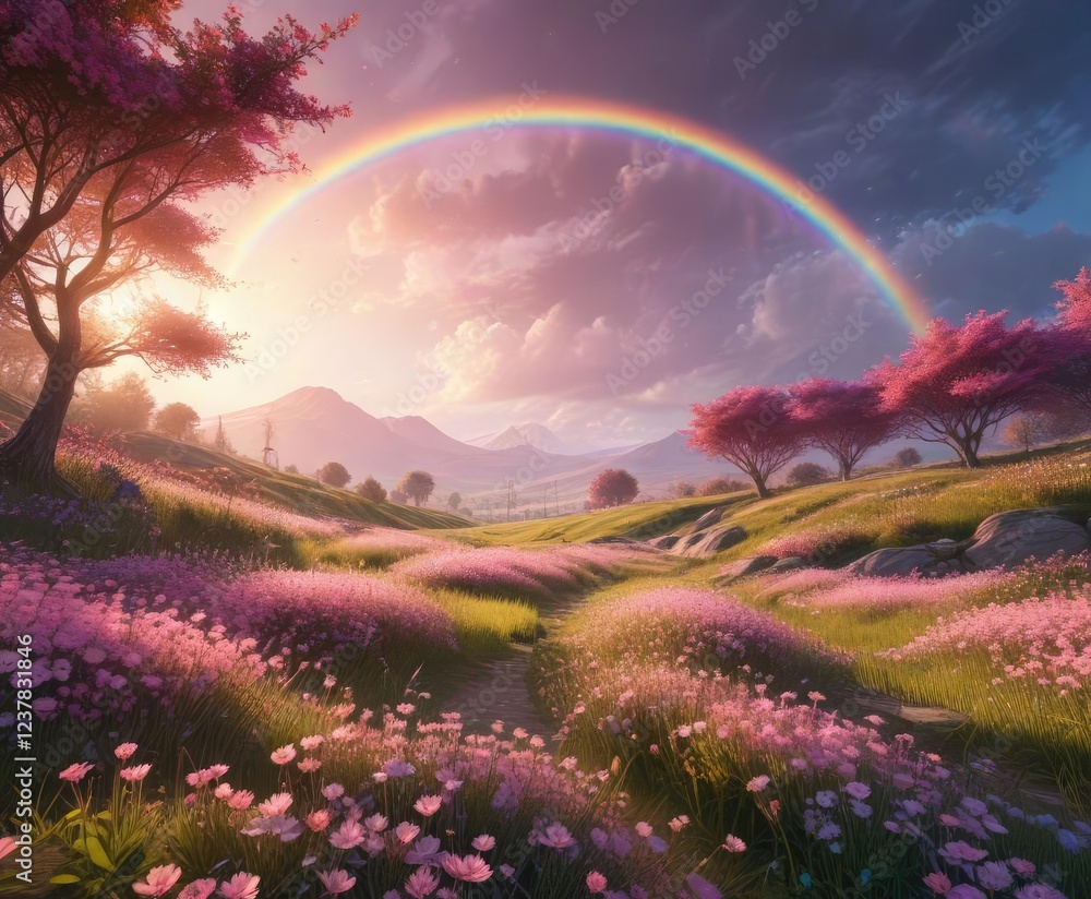 Obraz premium tranquil meadow filled with delicate pink flowers under the radiant arc of a rainbow, serene landscape, gentle blooms