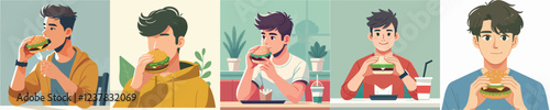vector set of young men eating burgers