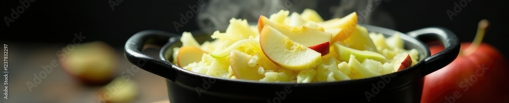 Black ceramic pot filled with steaming cabbage and sliced apples, apples, cabbage Black ceramic pot filled with steaming cabbage and sliced apples, apples, cabbage