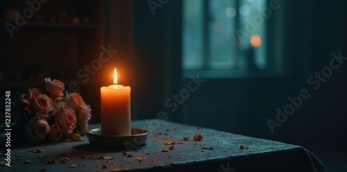 A solitary candle on a dark altar with angelic presences, shadows, haunting, mysticism photo