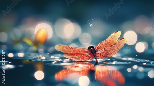 A dragonfly with heart-shaped wings hovering over a shimmering pond
