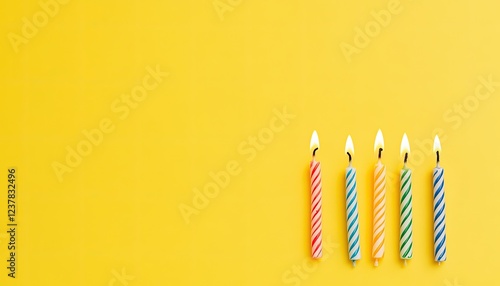 Five colorful birthday candles with flames on a bright yellow background, symbolizing celebration