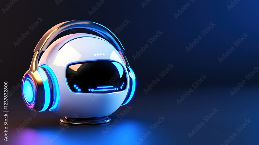 Fototapeta premium Futuristic Robot Head with Neon Headphones Listening to Music