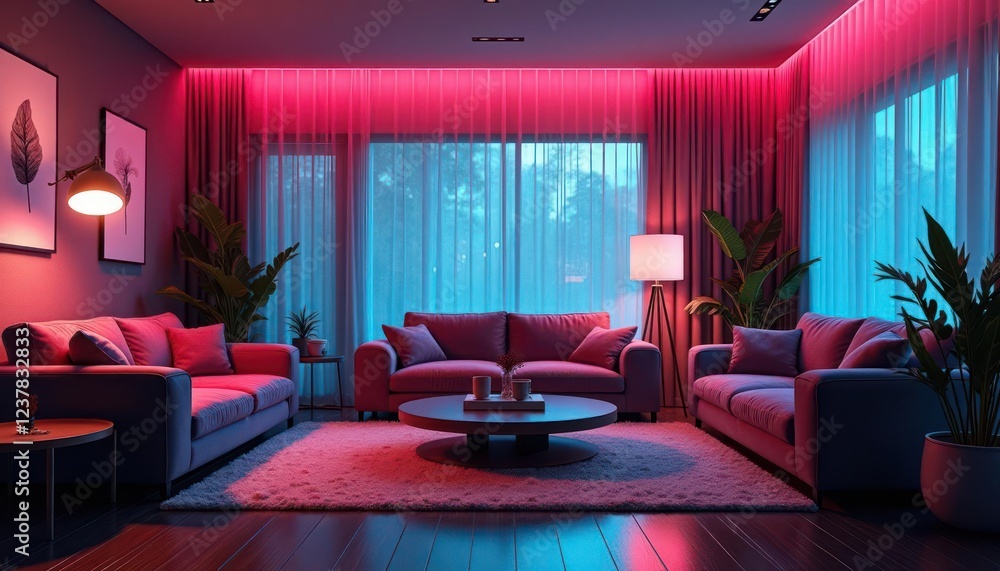 Neon Living Room Interior Design: Pink and Blue LED Lights Illuminate Modern Furniture and Plants Neon Living Room Interior Design: Pink and Blue LED Lights Illuminate Modern Furniture and Plants