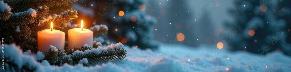 Sparkling snow-covered evergreen branch with candles, snowflakes, evergreen Sparkling snow-covered evergreen branch with candles, snowflakes, evergreen