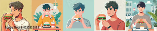 vector set of young men eating burgers