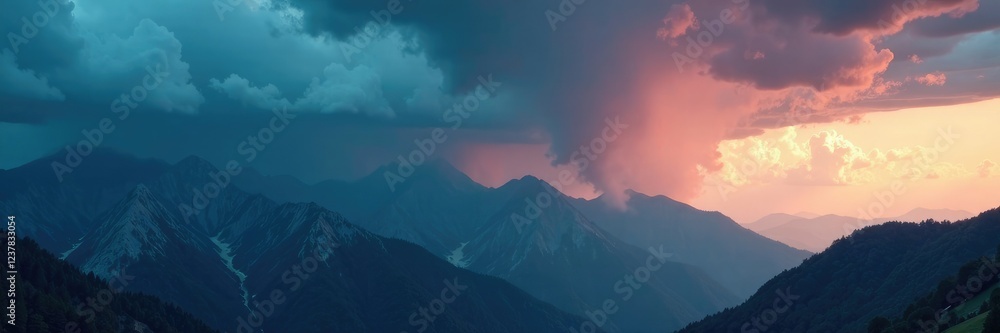 Fototapeta premium Thunderstorm clouds gathering over a mountain range, hovering, stormy, tempestuous