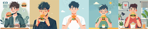 vector set of young men eating burgers