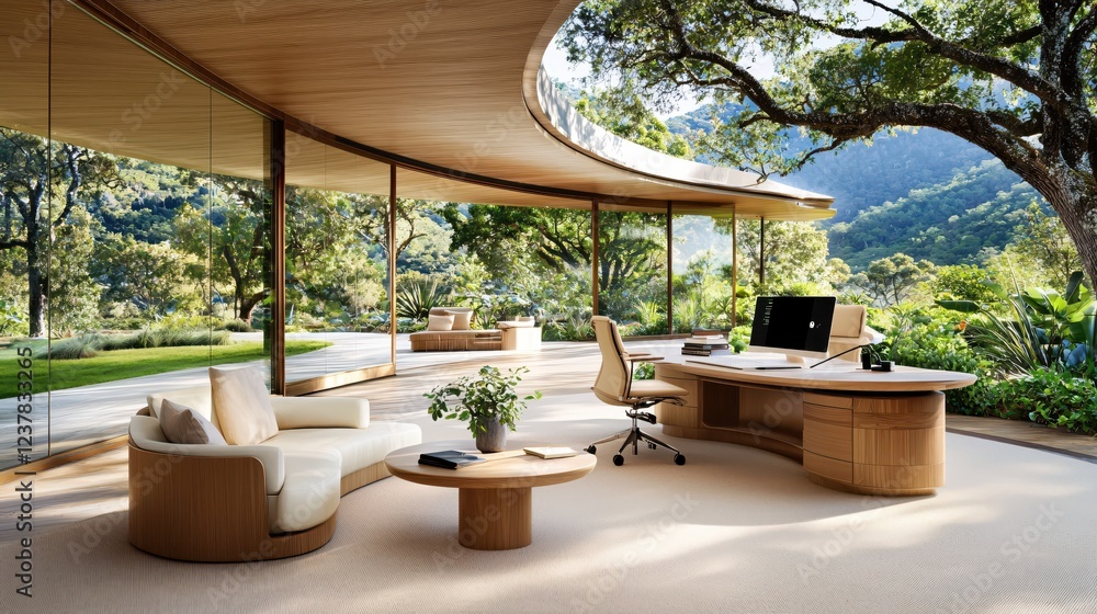 Fototapeta premium Modern Office Design Serene Garden View Luxurious Workspace Tranquil Setting