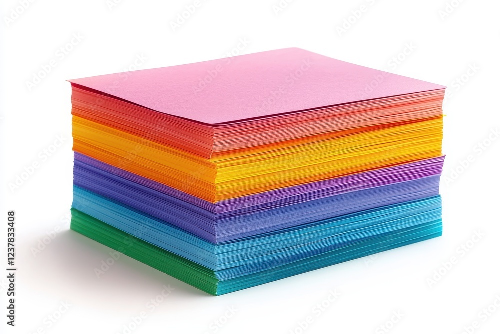 A vibrant stack of colorful sheets of paper, arranged neatly in various hues, ideal for arts and crafts projects. A vibrant stack of colorful sheets of paper, arranged neatly in various hues, ideal for arts and crafts projects.