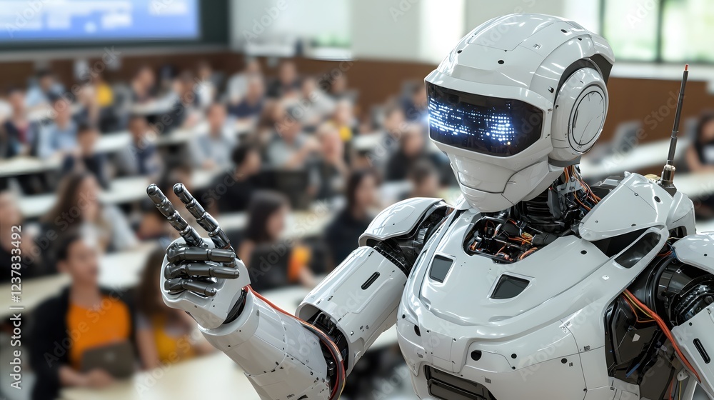 Fototapeta premium Advanced Robot Teacher Addresses Students in Modern Classroom