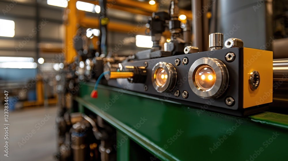 Fototapeta premium Industrial Machine Closeup Detail Showing Precision Engineering and Bright Lights
