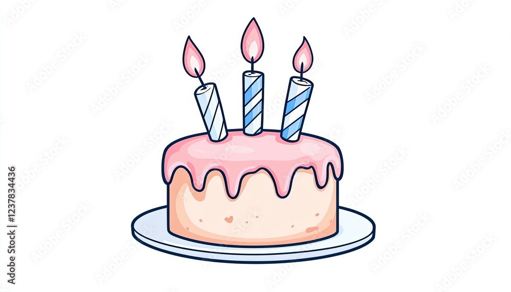 Colorful birthday cake with three candles on a plate, celebrating a joyful occasion Colorful birthday cake with three candles on a plate, celebrating a joyful occasion