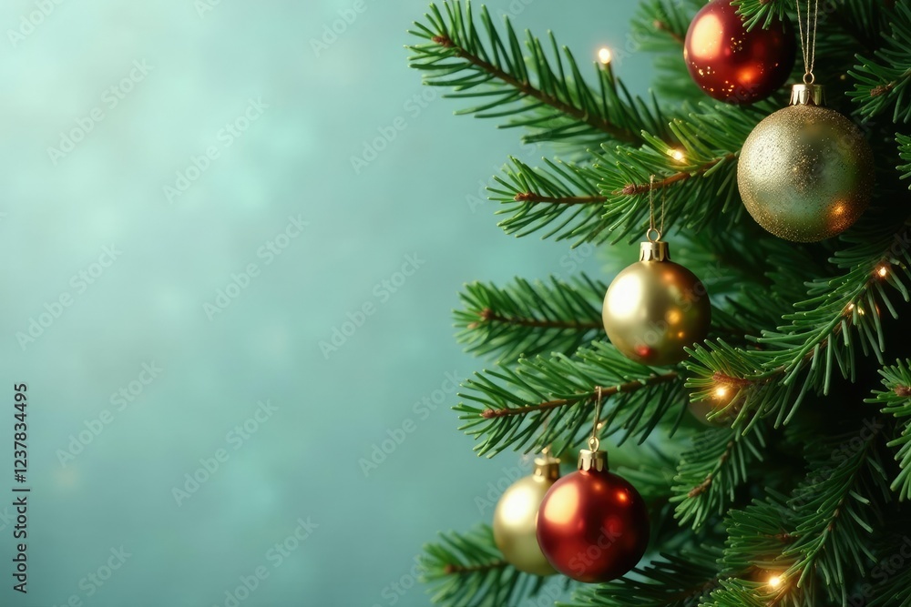 Fototapeta premium Green evergreen branch adorned with fairy lights and glass balls, green tree branches, holiday decor