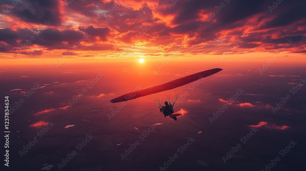 Naklejka premium Sunset Paragliding Adventure: A breathtaking aerial view of a paraglider soaring through vibrant, fiery sunset skies.