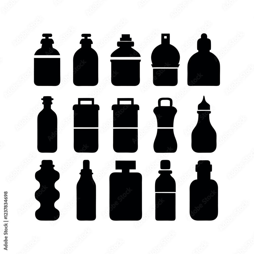Collection of Solid Black Silhouette Bottles and Containers Collection of Solid Black Silhouette Bottles and Containers