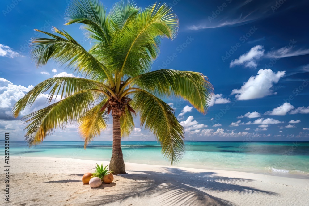 Obraz premium Idyllic tropical beach scene featuring a solitary palm tree, casting its shadow on the pristine white sand, with coconuts resting at its base, under a vibrant blue sky with fluffy white clouds.