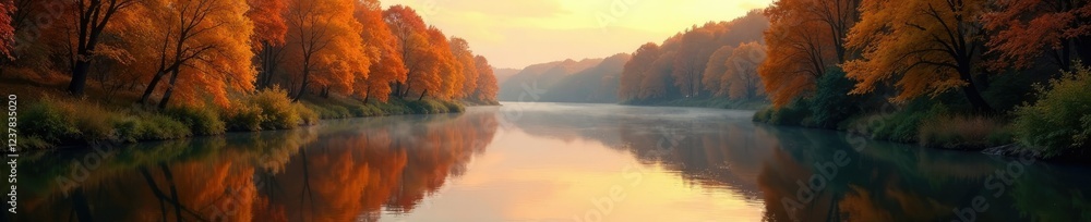 Fototapeta premium Reflections of amber and orange hues on the calm river surface, trees, river