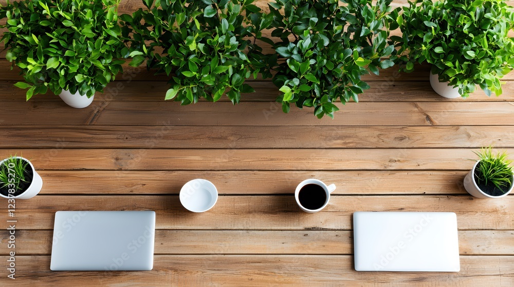 Serene Workspace Green Plants Coffee Laptops Wooden Tabletop Serene Workspace Green Plants Coffee Laptops Wooden Tabletop