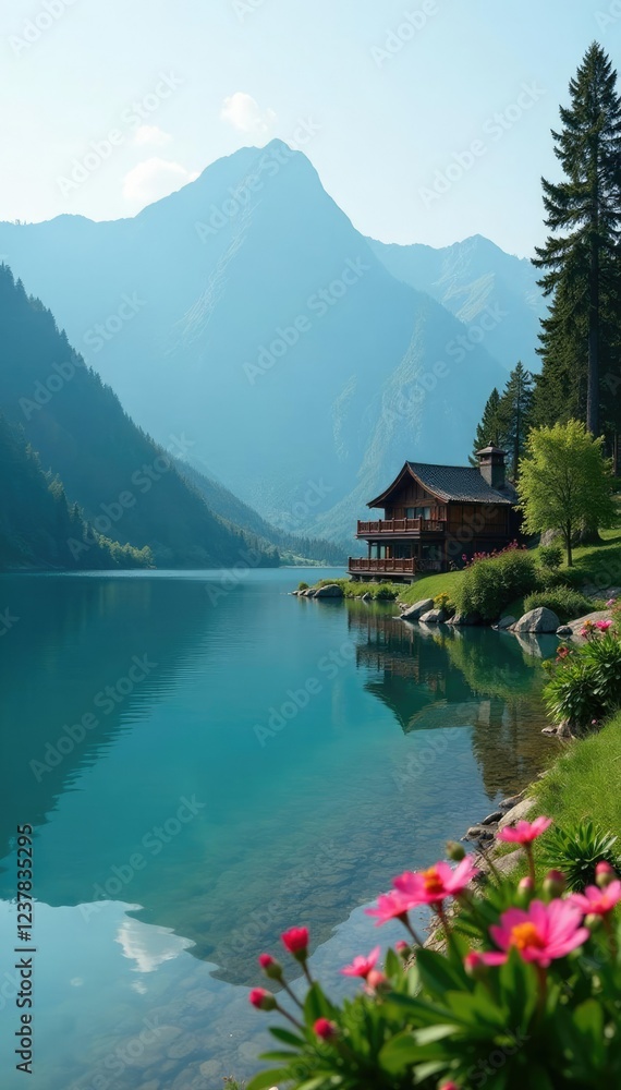 Fototapeta premium Serene lake scene with Shangrila Resort in the background, peaceful ambiance, shangrila resort, tranquil atmosphere