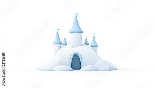 A whimsical ice castle with blue spires surrounded by fluffy snow clouds in a serene setting