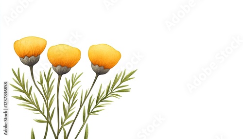 Vibrant yellow wildflowers with green leaves against a clean white background, ideal for nature-themed designs