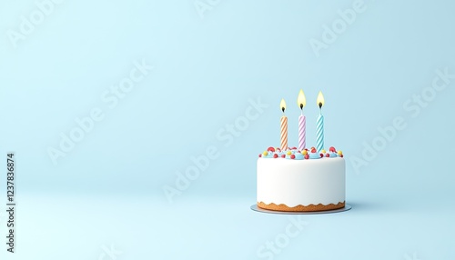 A colorful birthday cake with three lit candles on a light blue background, perfect for celebrations